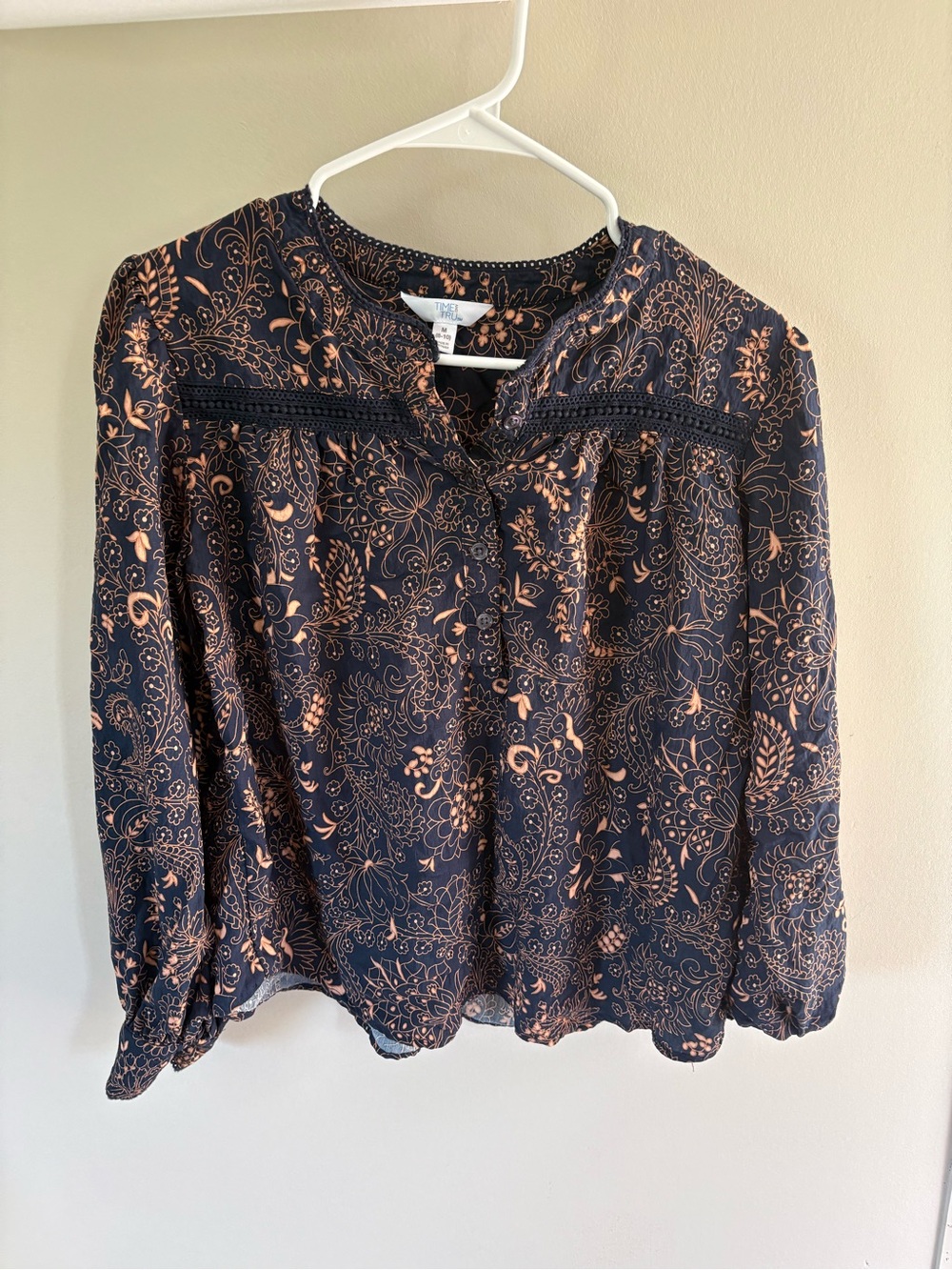 Time and Tru Navy and Copper Floral Lace-Yoke Blouse